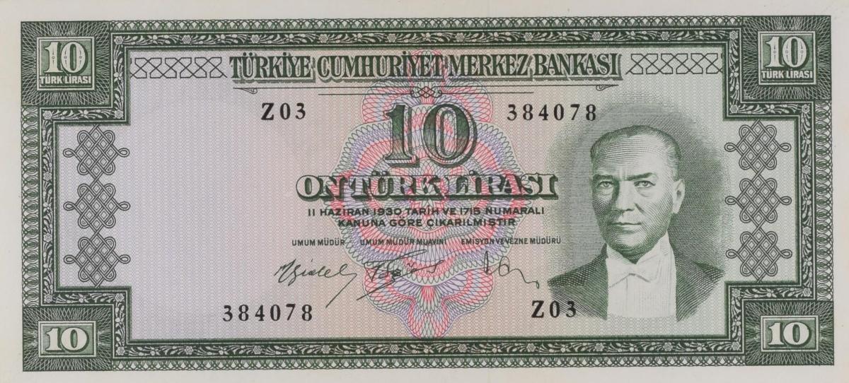 Front of Turkey p159a: 10 Lira from 1951