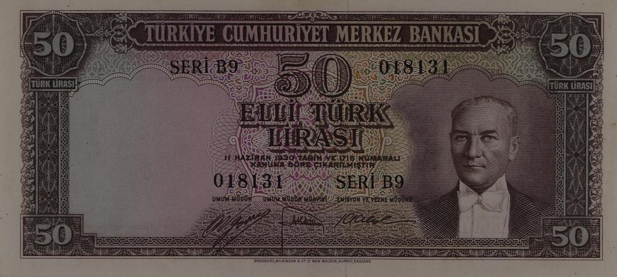 Front of Turkey p162a: 50 Lira from 1951