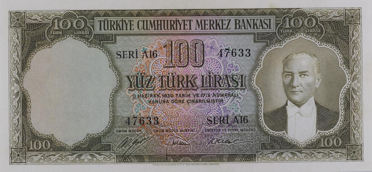 Front of Turkey p167a: 100 Lira from 1952