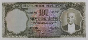 p167a from Turkey: 100 Lira from 1952