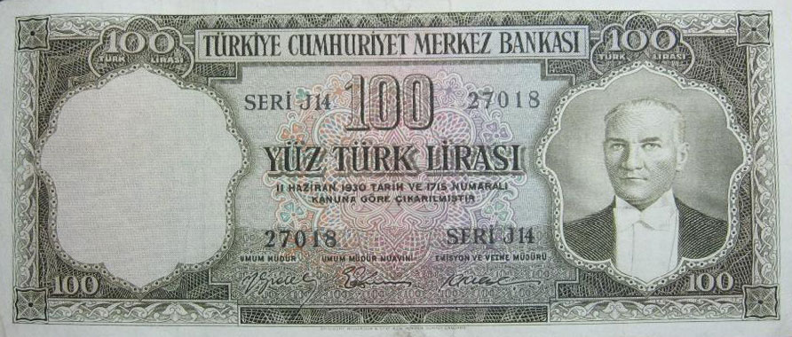 Front of Turkey p168a: 100 Lira from 1956