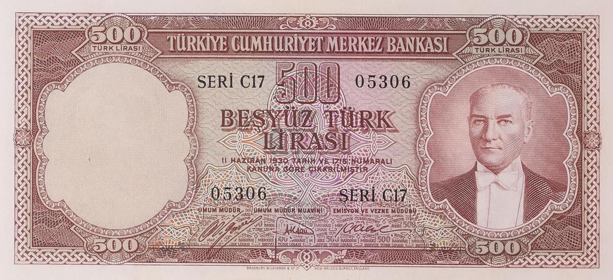 Front of Turkey p170a: 500 Lira from 1953