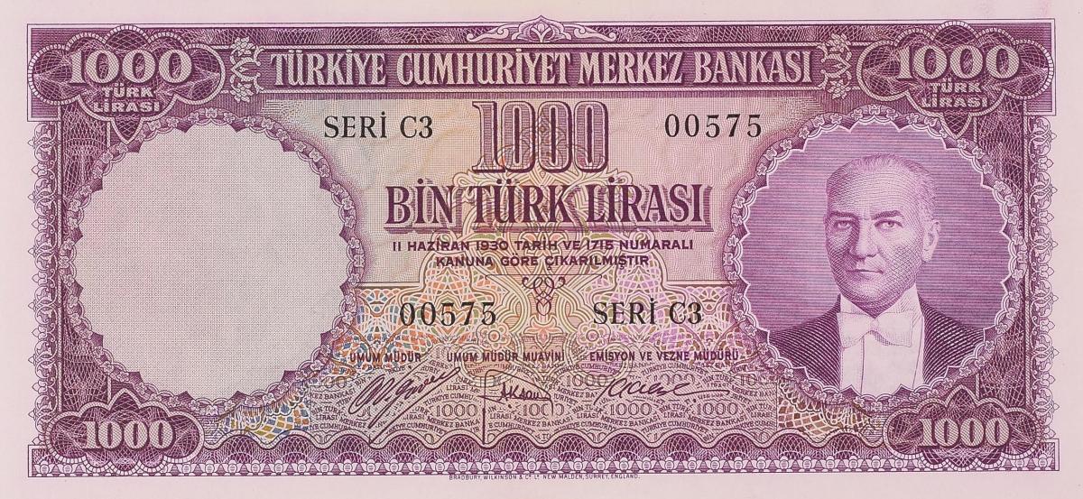 Front of Turkey p172a: 1000 Lira from 1953