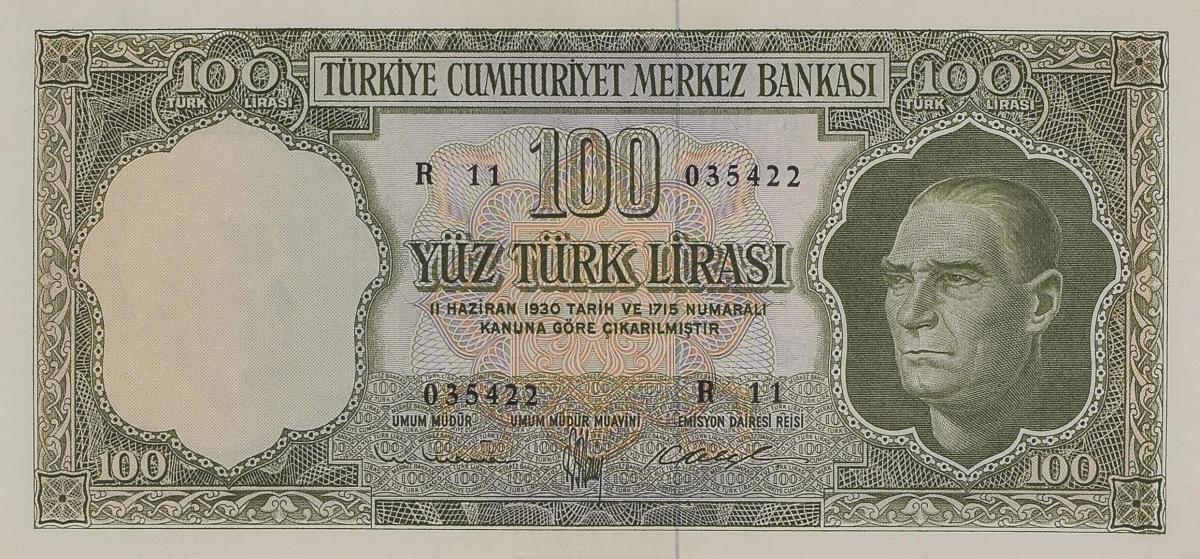 Front of Turkey p176a: 100 Lira from 1962