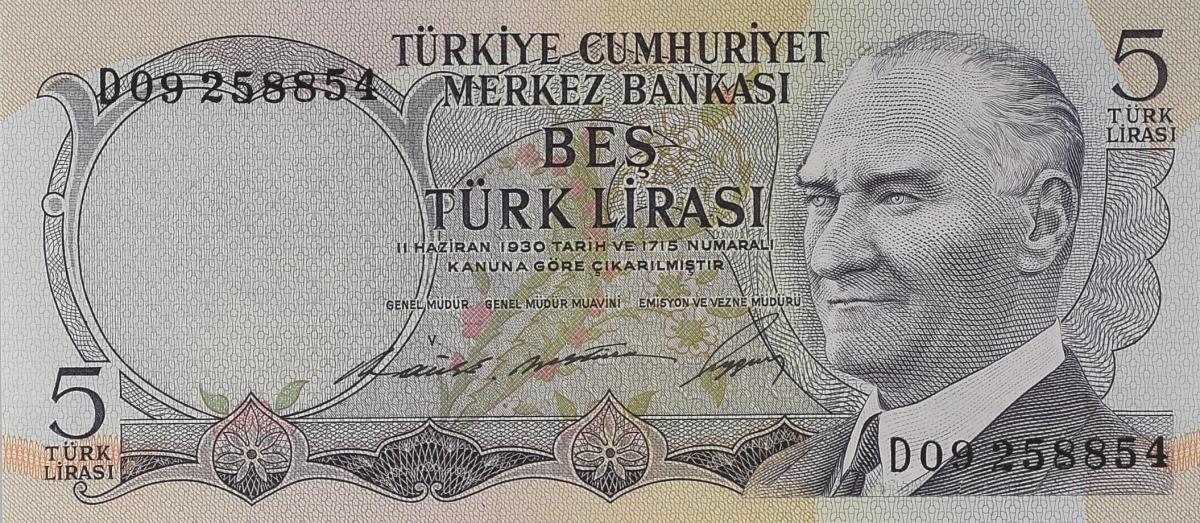 Front of Turkey p179: 5 Lira from 1930