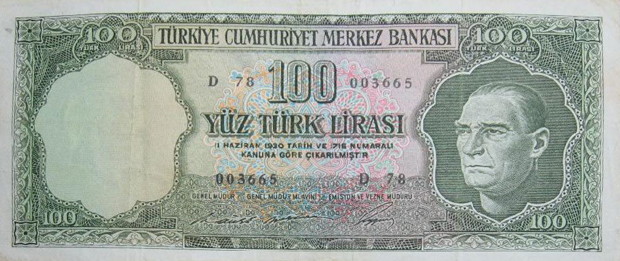 Front of Turkey p182a: 100 Lira from 1930