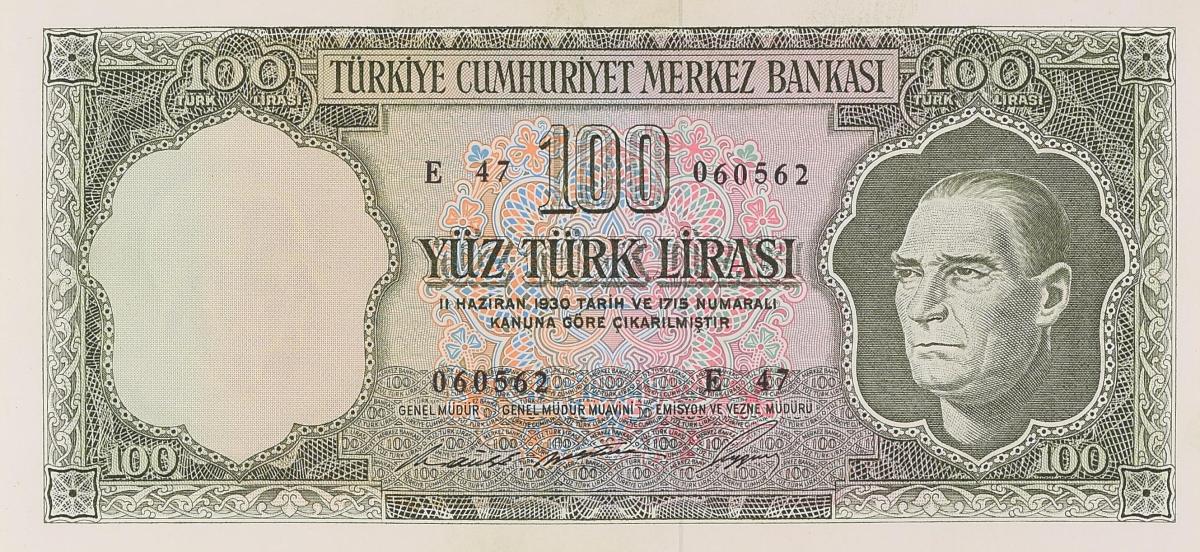 Front of Turkey p182b: 100 Lira from 1930