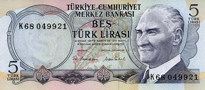 Front of Turkey p185: 5 Lira from 1970