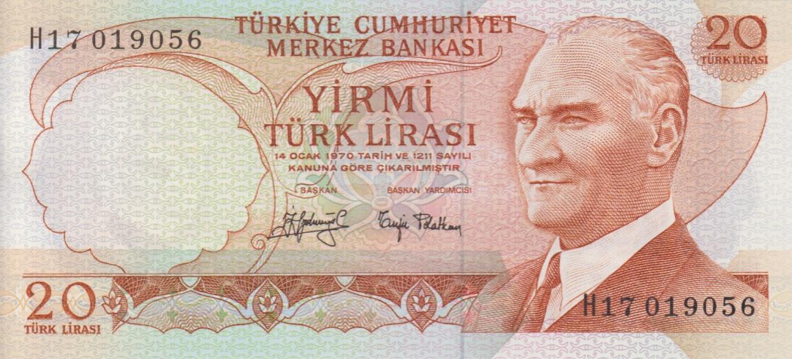 Front of Turkey p187a: 20 Lira from 1970