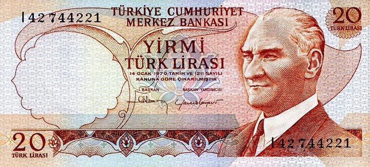 Front of Turkey p187b: 20 Lira from 1970