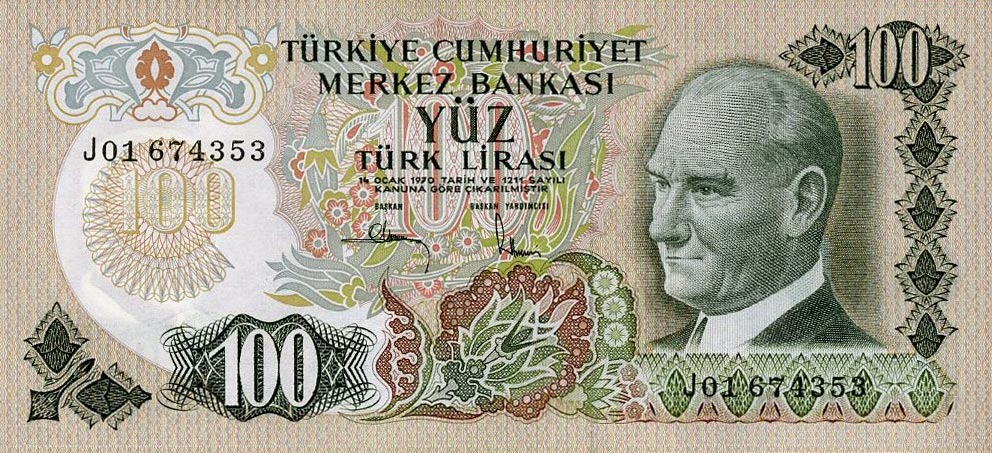 Front of Turkey p189a: 100 Lira from 1970