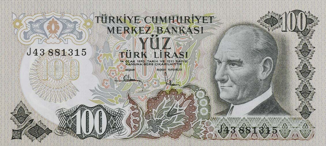 Front of Turkey p189c: 100 Lira from 1970