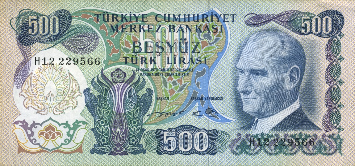 Front of Turkey p190c: 500 Lira from 1970