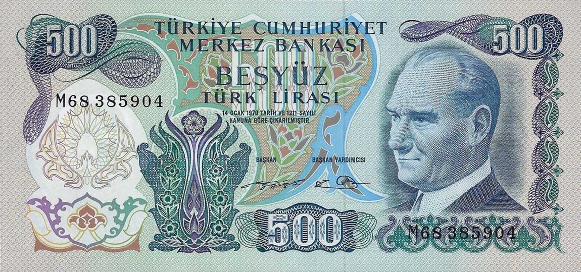 Front of Turkey p190d: 500 Lira from 1970