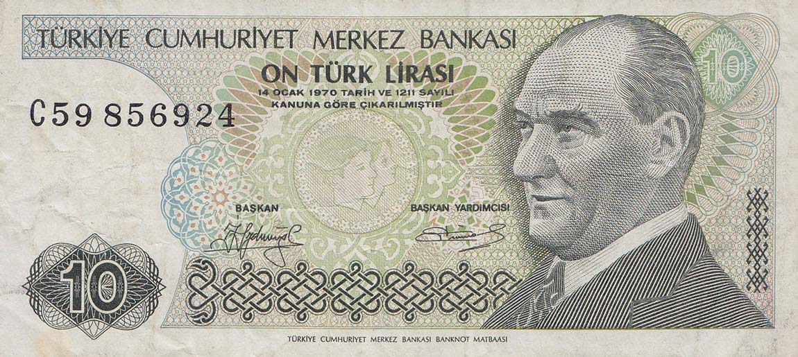 Front of Turkey p193a: 10 Lira from 1970