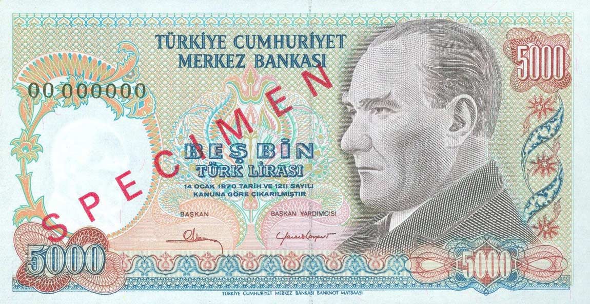 Front of Turkey p196As: 5000 Lira from 1970