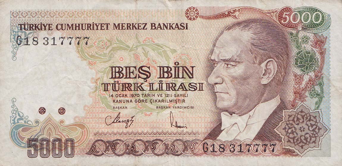 Front of Turkey p198: 5000 Lira from 1970