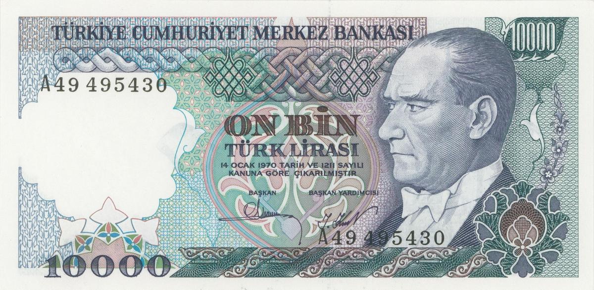 Front of Turkey p199a: 10000 Lira from 1970