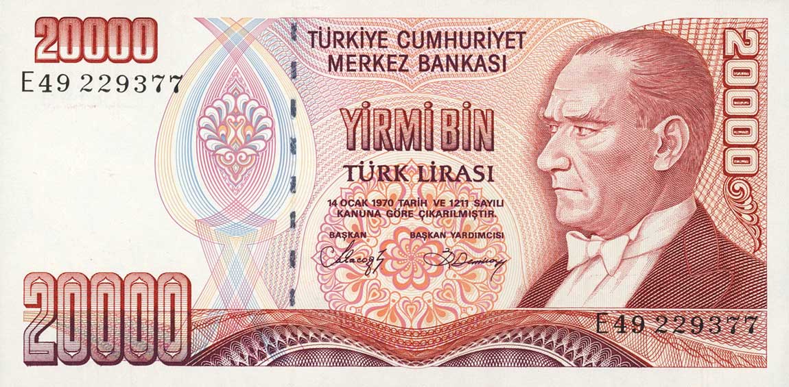 Front of Turkey p201b: 20000 Lira from 1970