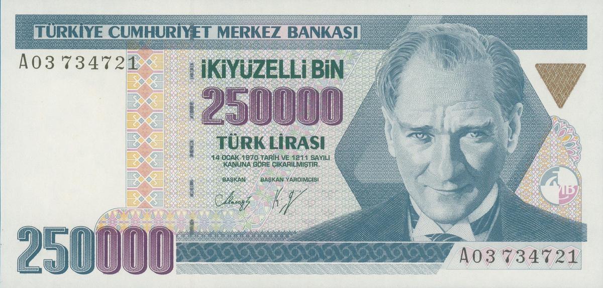 Front of Turkey p207: 250000 Lira from 1970