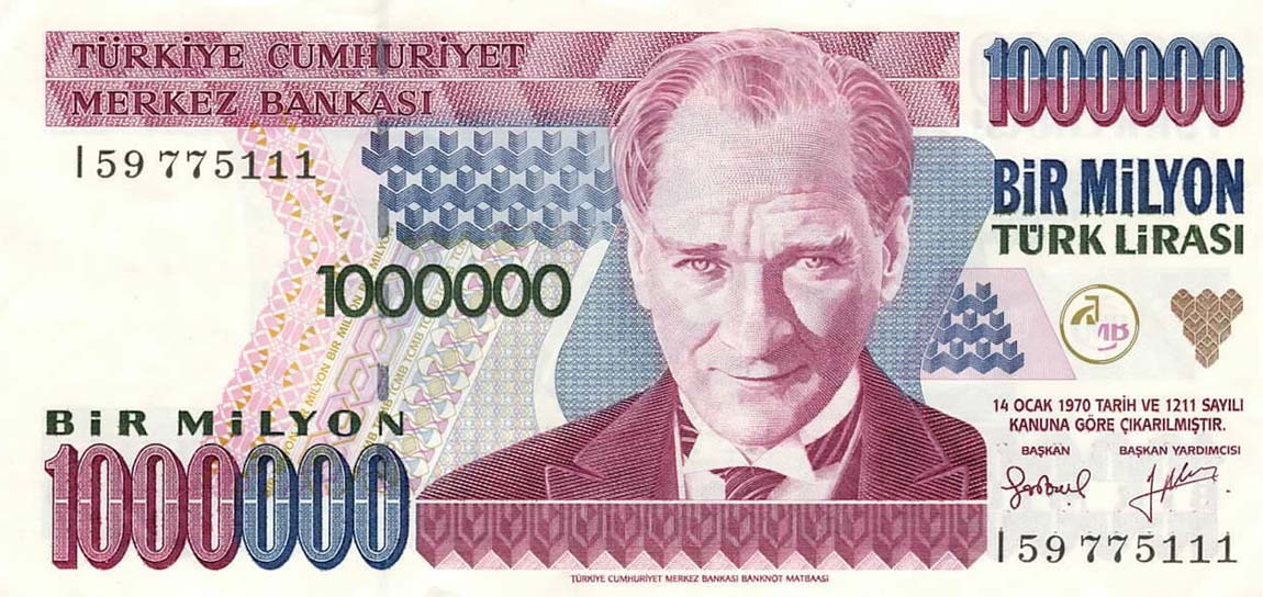 Front of Turkey p209b: 1000000 Lira from 1970