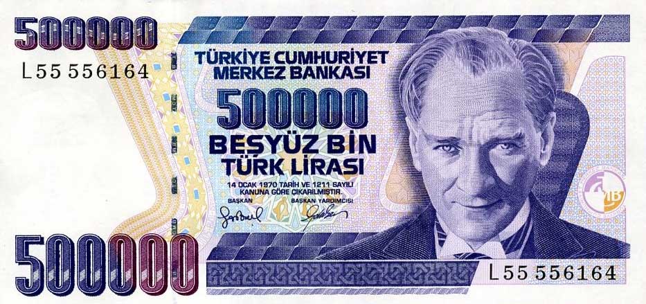 Front of Turkey p212: 500000 Lira from 1970