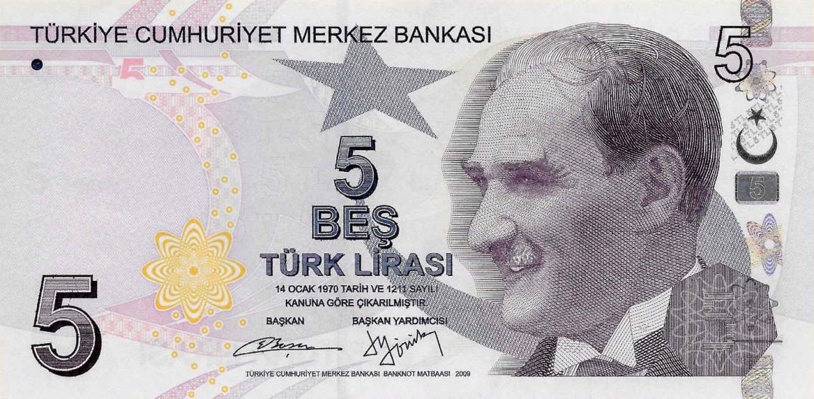 Front of Turkey p222b: 5 Lira from 2009