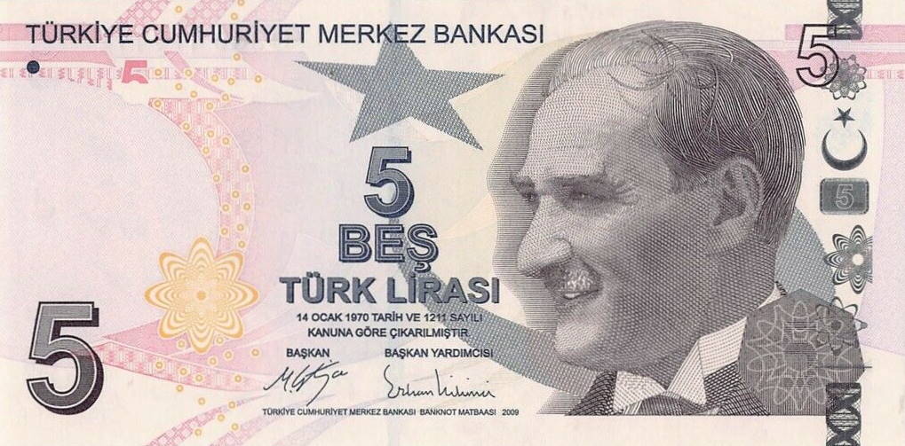 Front of Turkey p222c: 5 Lira from 2009