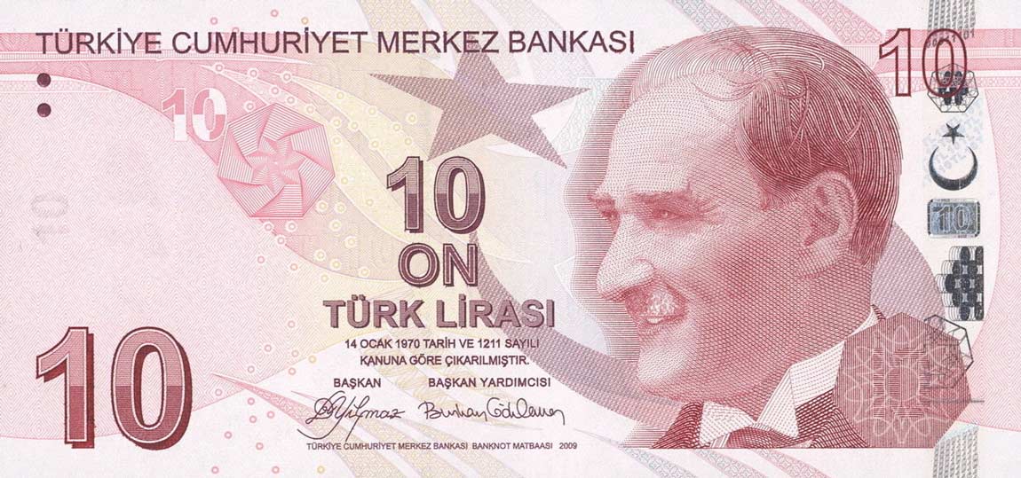 Front of Turkey p223a: 10 Lira from 2009