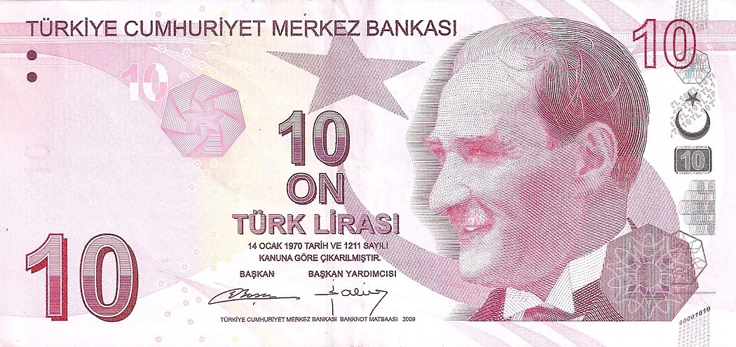 Front of Turkey p223b: 10 Lira from 2009