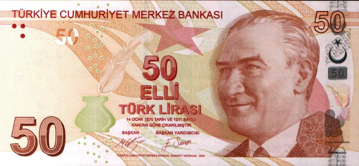 Front of Turkey p225c: 50 Lira from 2009