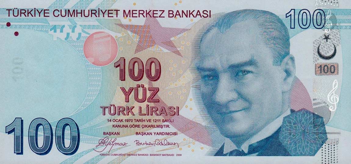 Front of Turkey p226a: 100 Lira from 2009