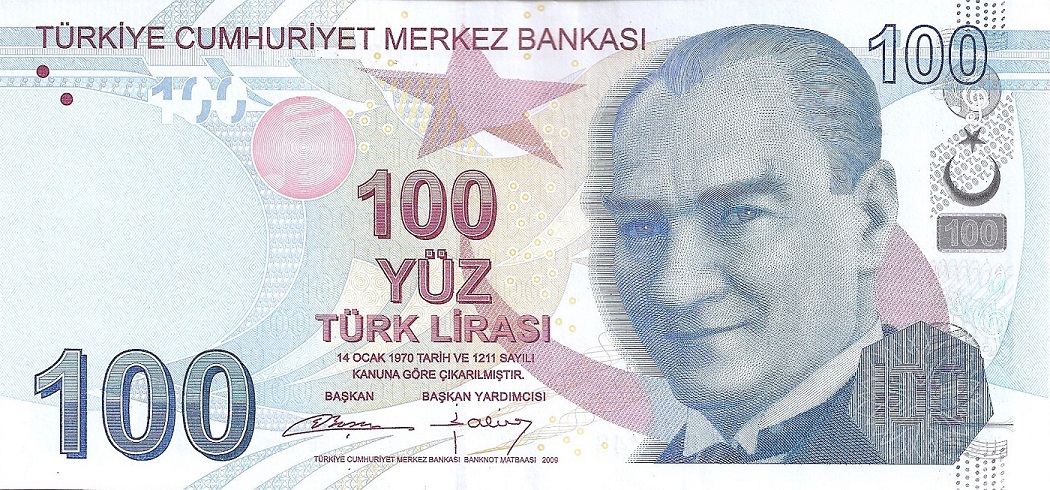 Front of Turkey p226b: 100 Lira from 2009