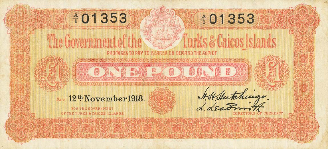 Front of Turks and Caicos Islands p3b: 1 Pound from 1918