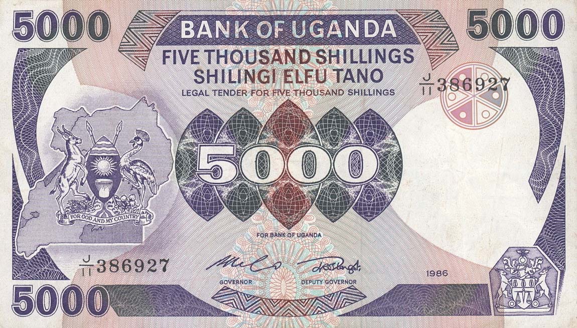 Front of Uganda p24b: 5000 Shillings from 1986