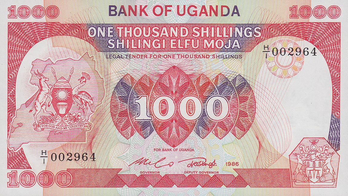 Front of Uganda p26a: 1000 Shillings from 1986