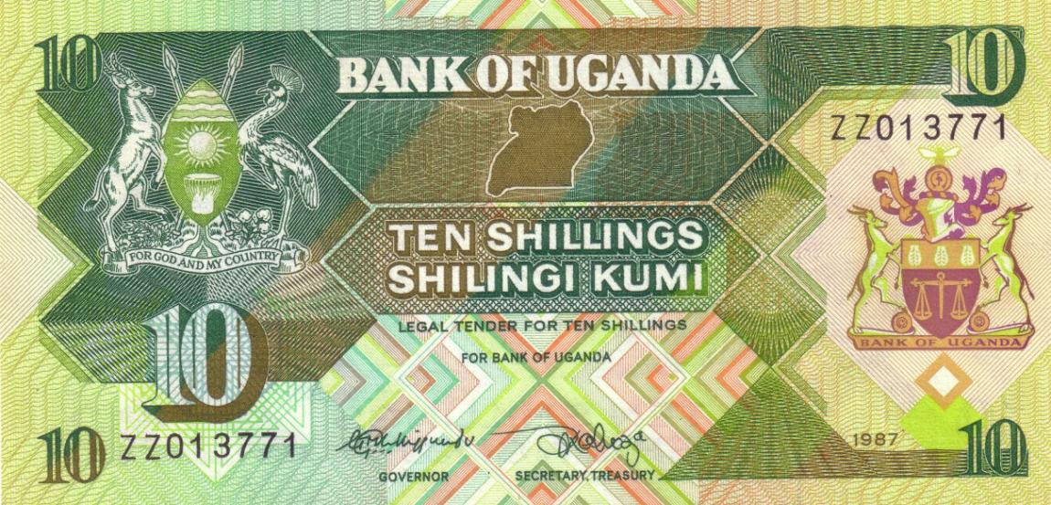 Front of Uganda p28a: 10 Shillings from 1987