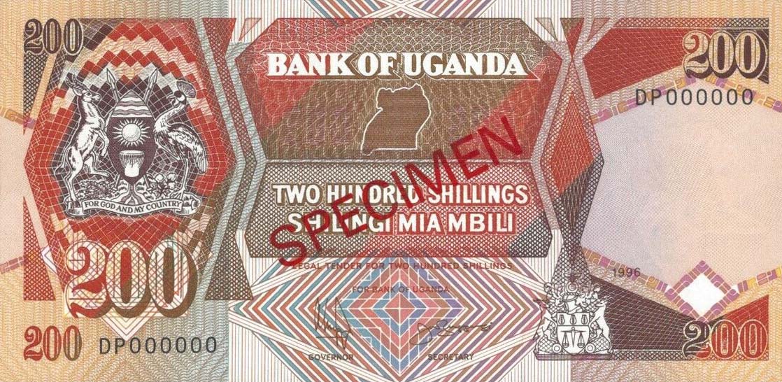 Front of Uganda p32s: 200 Shillings from 1991