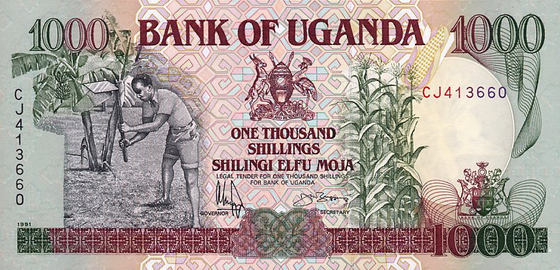 Front of Uganda p34b: 1000 Shillings from 1991