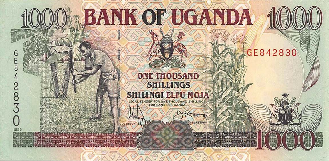 Front of Uganda p36b: 1000 Shillings from 1996