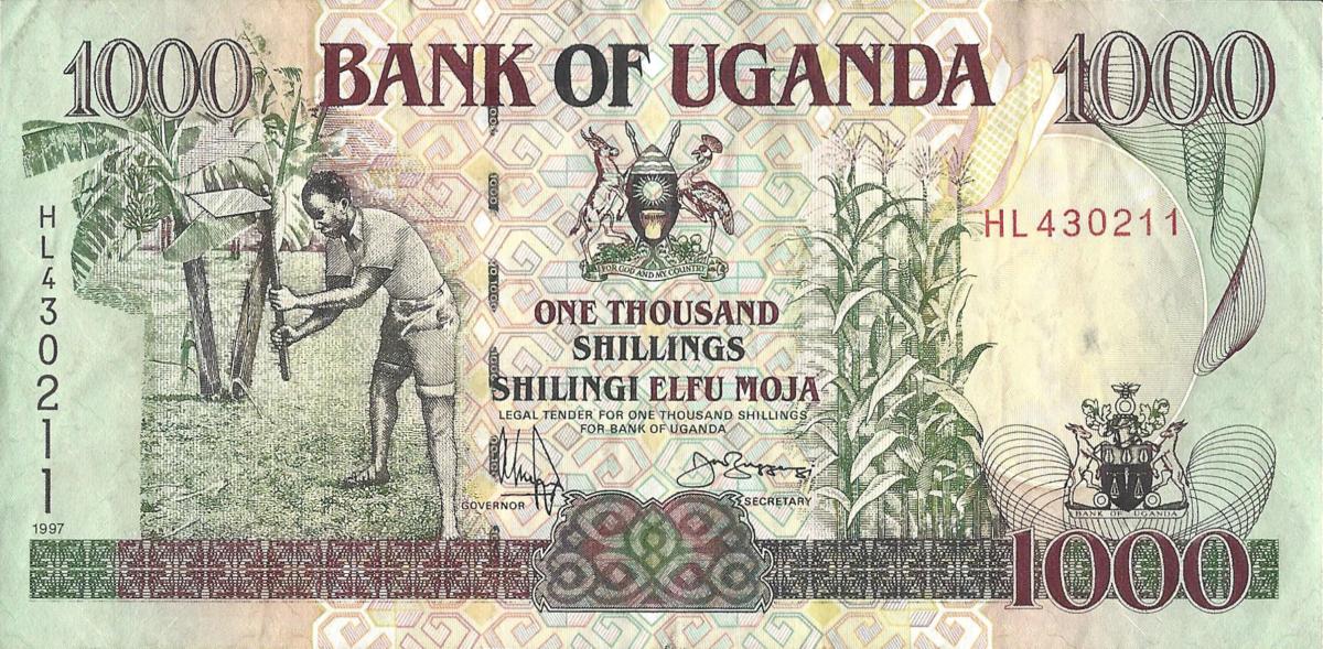 Front of Uganda p36c: 1000 Shillings from 1997