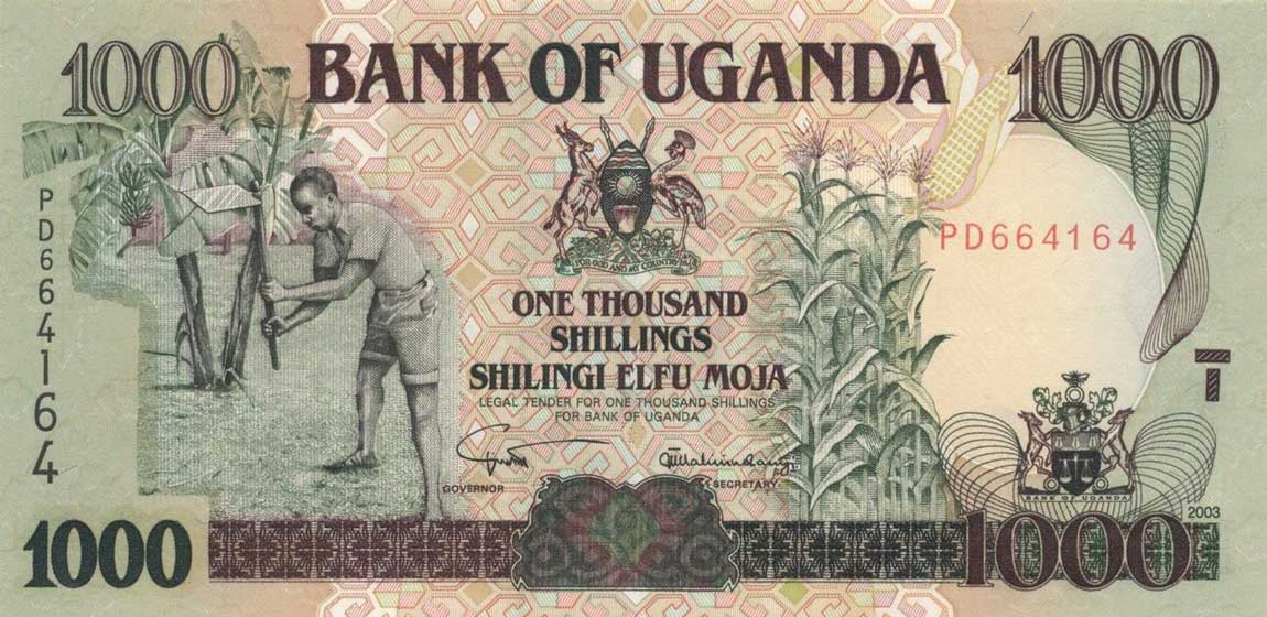 Front of Uganda p39Ab: 1000 Shillings from 2003