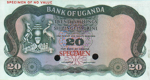 Front of Uganda p3s: 20 Shillings from 1966