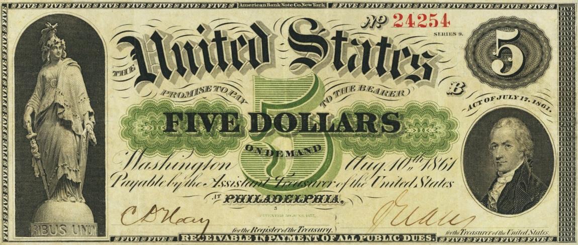 Front of United States p125b: 5 Dollars from 1861