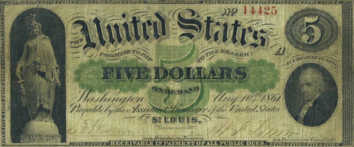 Front of United States p125e: 5 Dollars from 1861