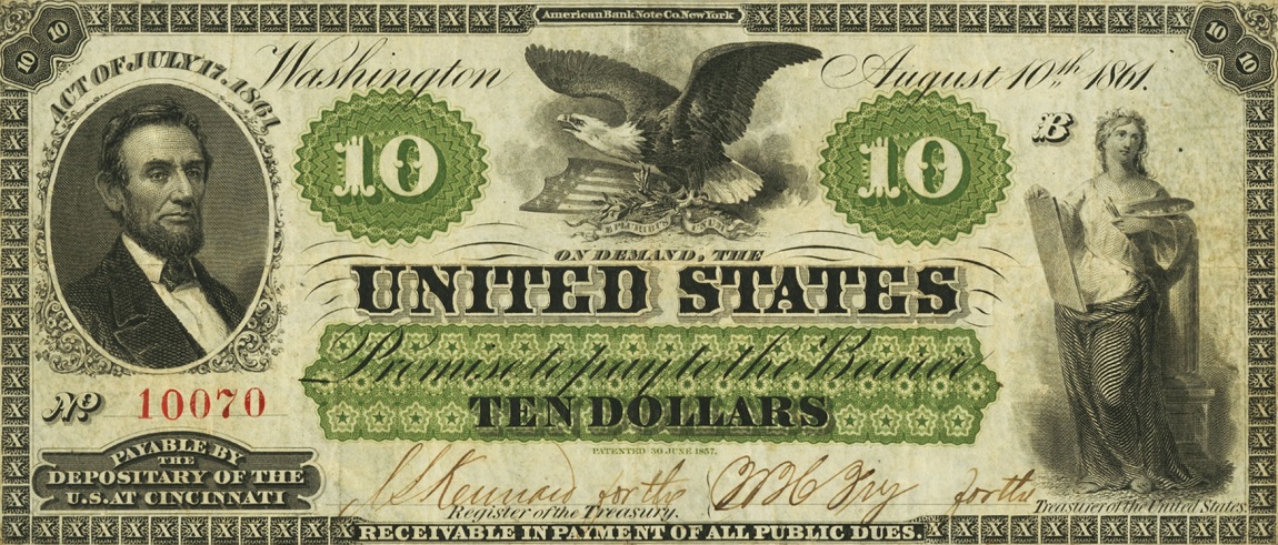 Front of United States p126d: 10 Dollars from 1861