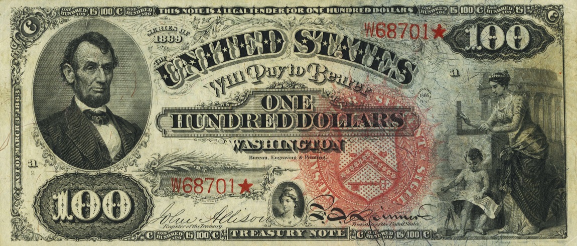 Front of United States p150: 100 Dollars from 1869