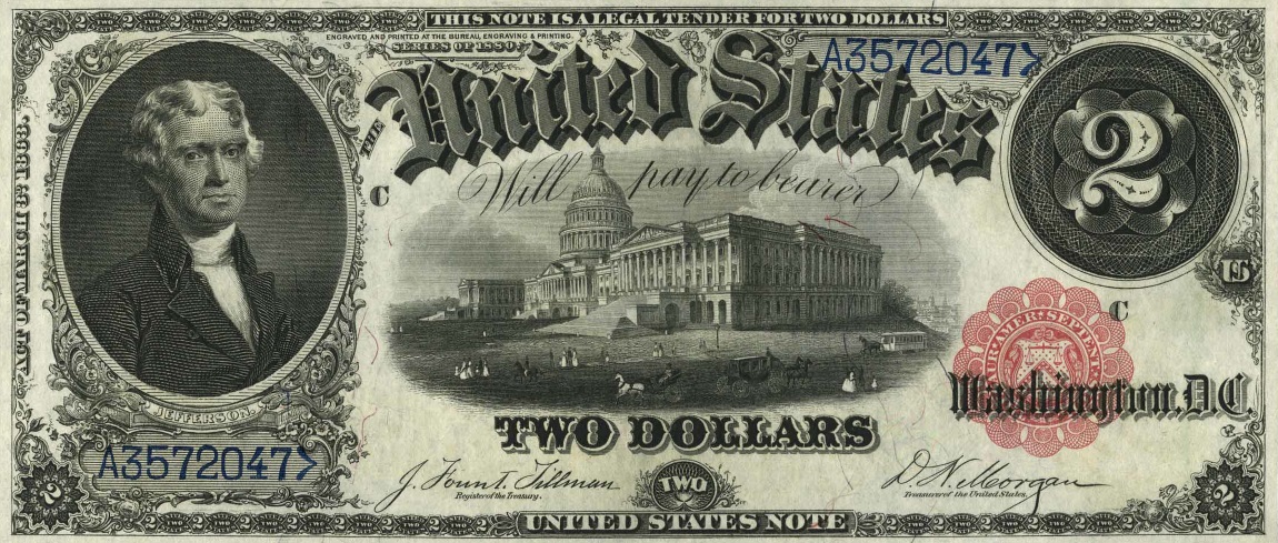 Front of United States p177b: 2 Dollars from 1880