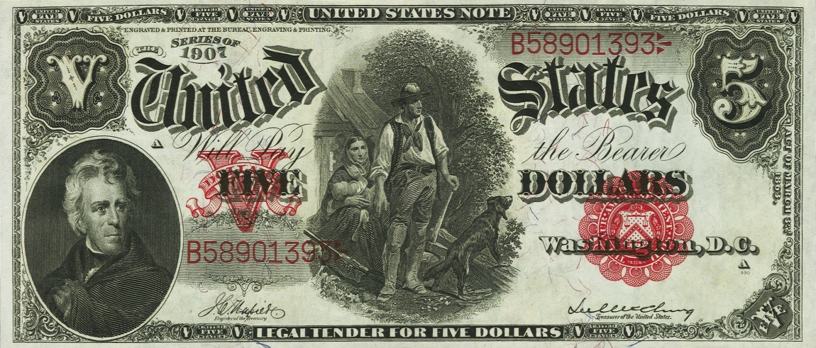 Front of United States p186: 5 Dollars from 1907