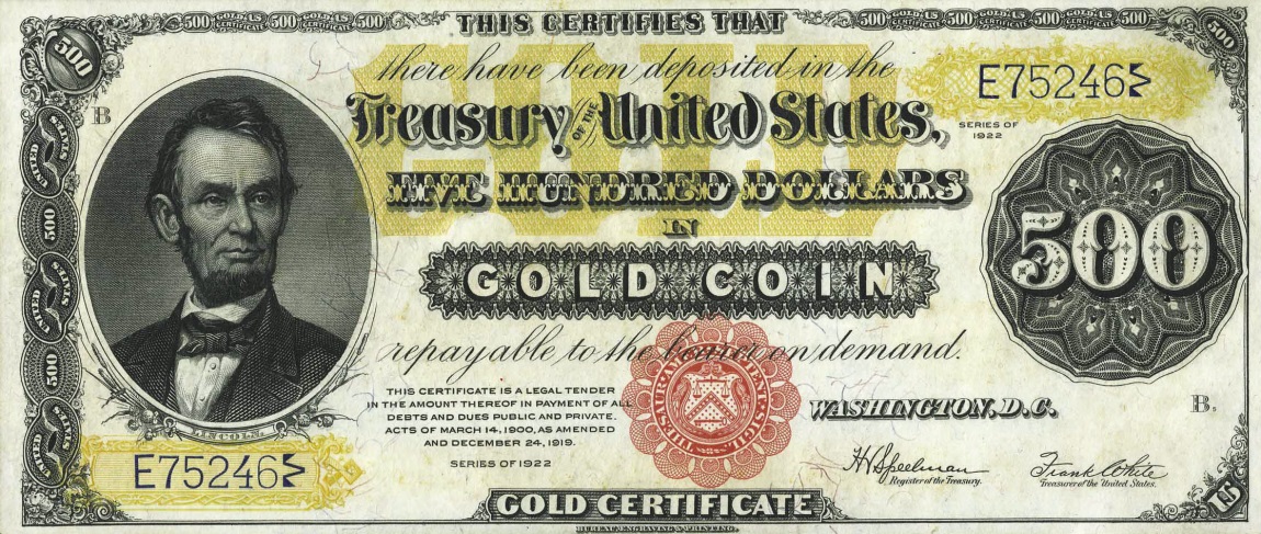 Front of United States p278: 500 Dollars from 1922